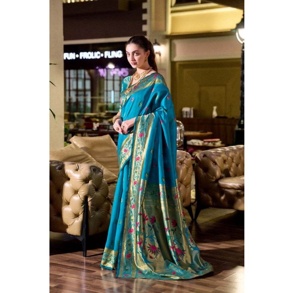 Generic Women's Silk Blend Zari Woven Saree With Unstitched Blouse 5.5Mtr (Turquoise) - MYLUXURY LANE ENTERPRISE
