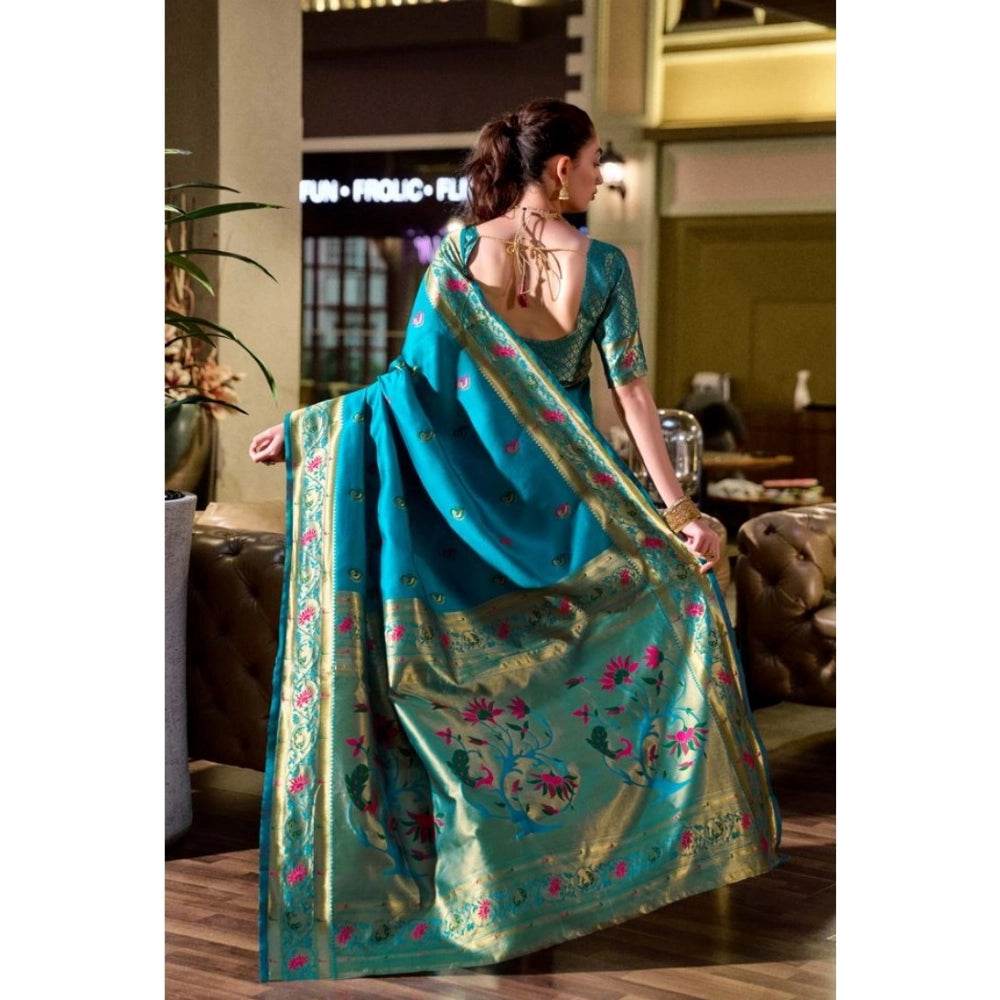Generic Women's Silk Blend Zari Woven Saree With Unstitched Blouse 5.5Mtr (Turquoise) - MYLUXURY LANE ENTERPRISE