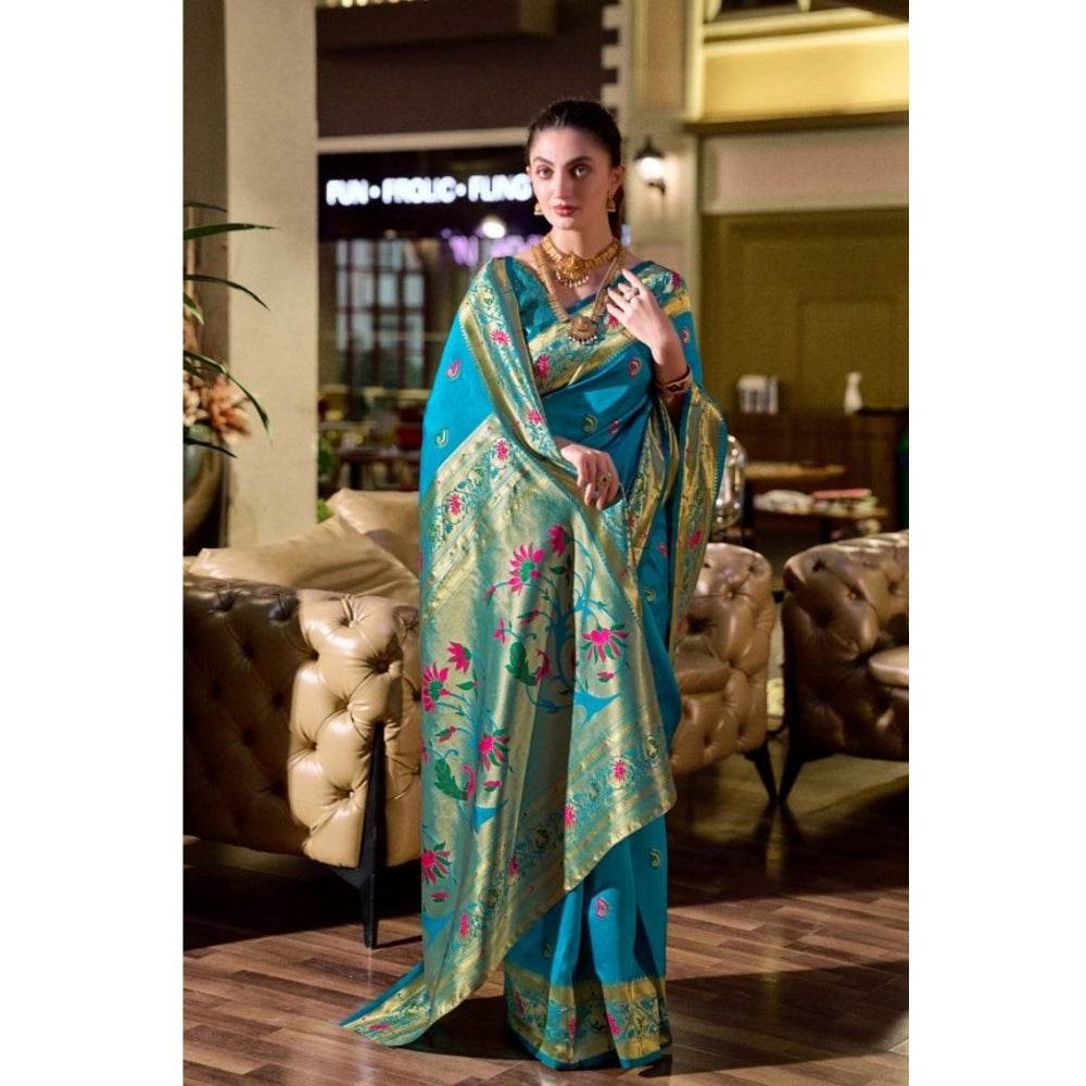 Generic Women's Silk Blend Zari Woven Saree With Unstitched Blouse 5.5Mtr (Turquoise) - MYLUXURY LANE ENTERPRISE