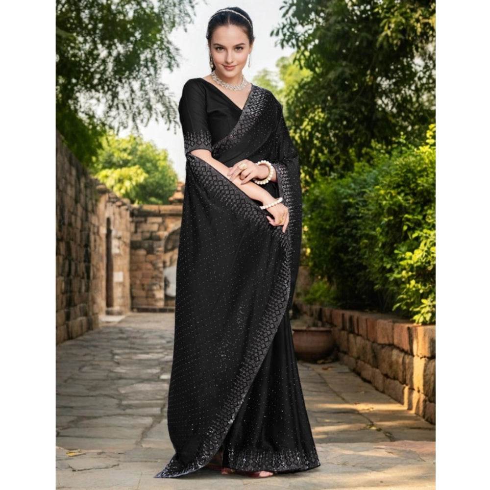 Generic Women's Rangoli Diamond Weaving - Stone Work Saree With Unstitched Blouse 5.5Mtr (Black) - MYLUXURY LANE ENTERPRISE