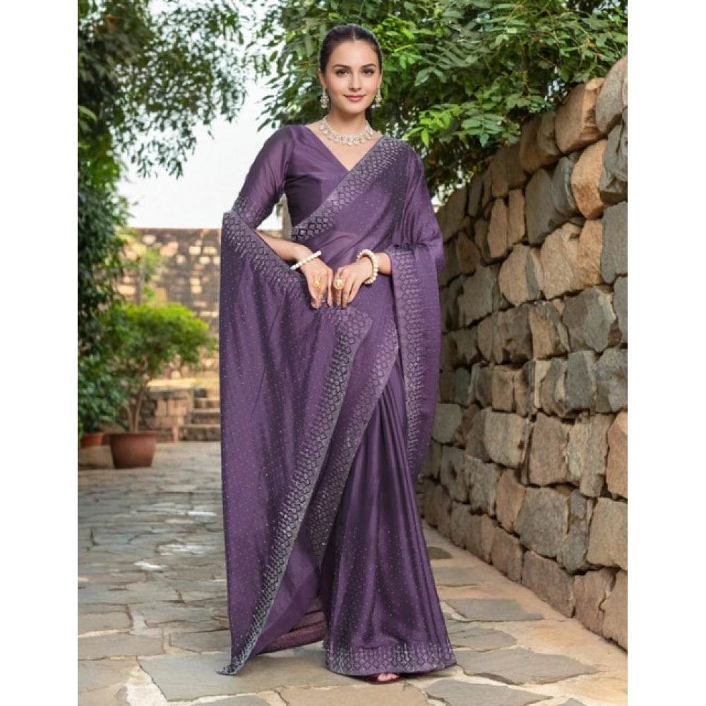 Generic Women's Rangoli Diamond Weaving - Stone Work Saree With Unstitched Blouse 5.5Mtr (Lavender) - MYLUXURY LANE ENTERPRISE