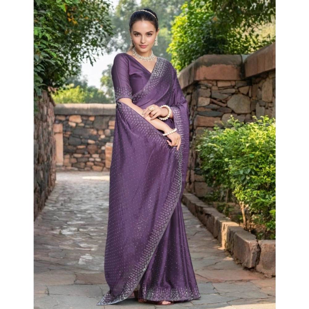 Generic Women's Rangoli Diamond Weaving - Stone Work Saree With Unstitched Blouse 5.5Mtr (Lavender) - MYLUXURY LANE ENTERPRISE