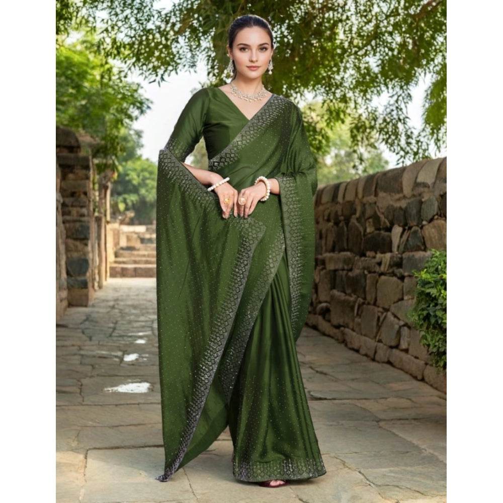 Generic Women's Rangoli Diamond Weaving - Stone Work Saree With Unstitched Blouse 5.5Mtr (Mahendi) - MYLUXURY LANE ENTERPRISE