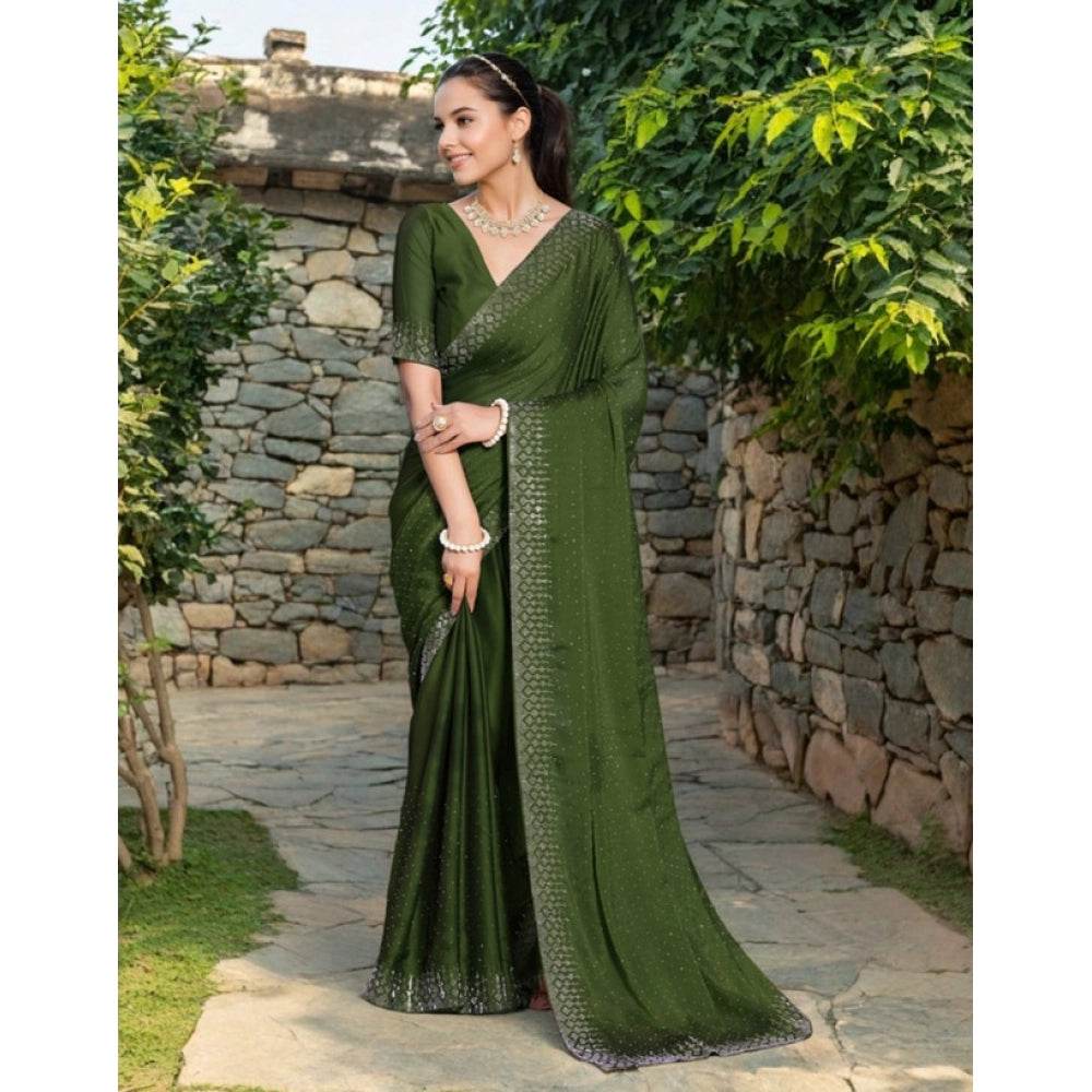 Generic Women's Rangoli Diamond Weaving - Stone Work Saree With Unstitched Blouse 5.5Mtr (Mahendi) - MYLUXURY LANE ENTERPRISE