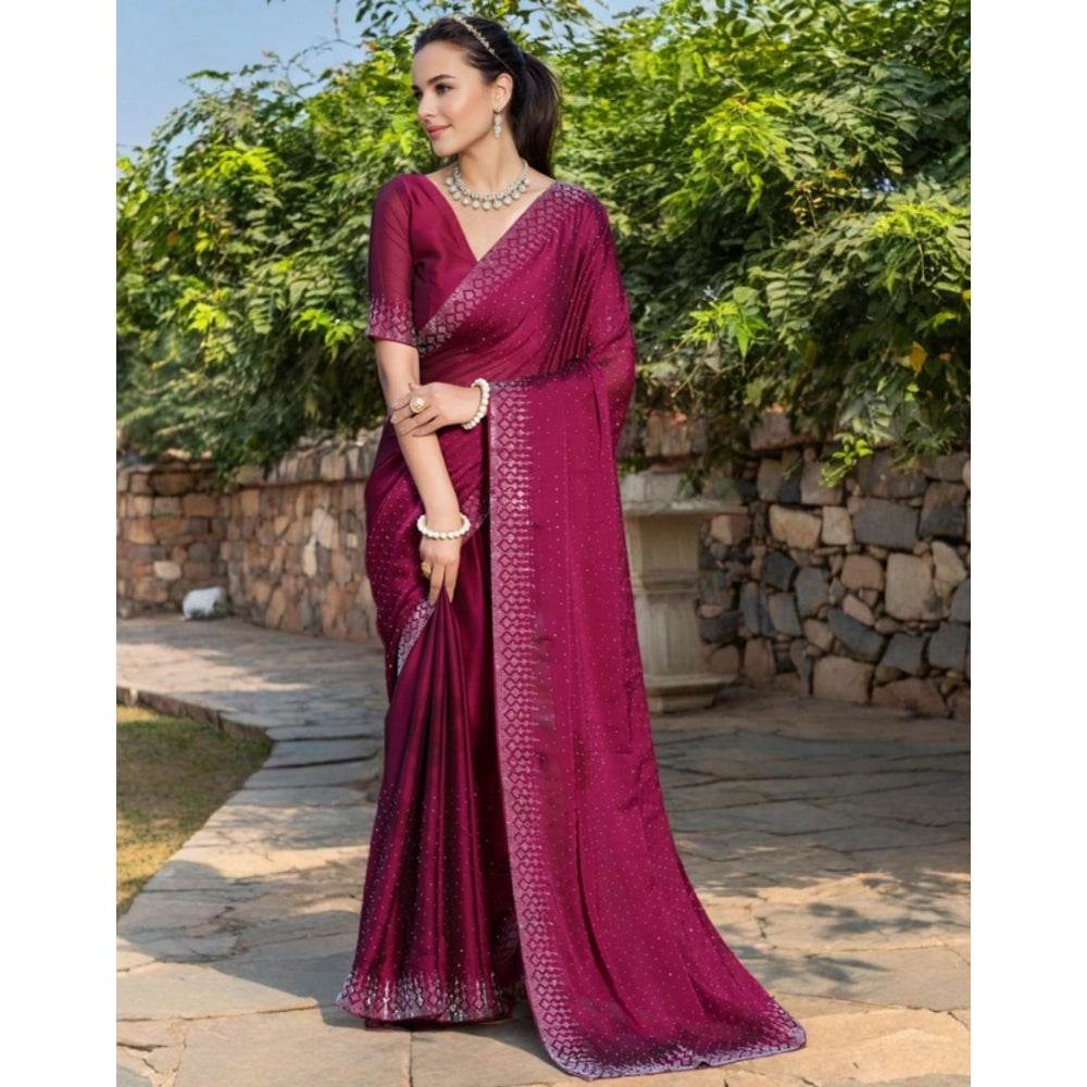 Generic Women's Rangoli Diamond Weaving - Stone Work Saree With Unstitched Blouse 5.5Mtr (Maroon) - MYLUXURY LANE ENTERPRISE