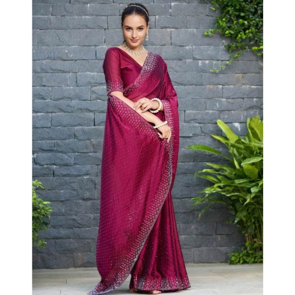 Generic Women's Rangoli Diamond Weaving - Stone Work Saree With Unstitched Blouse 5.5Mtr (Maroon) - MYLUXURY LANE ENTERPRISE