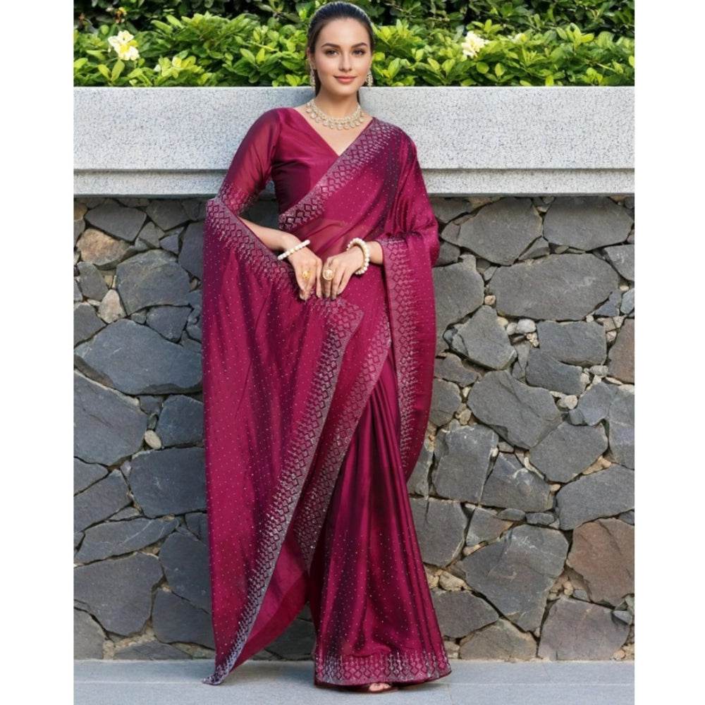 Generic Women's Rangoli Diamond Weaving - Stone Work Saree With Unstitched Blouse 5.5Mtr (Maroon) - MYLUXURY LANE ENTERPRISE