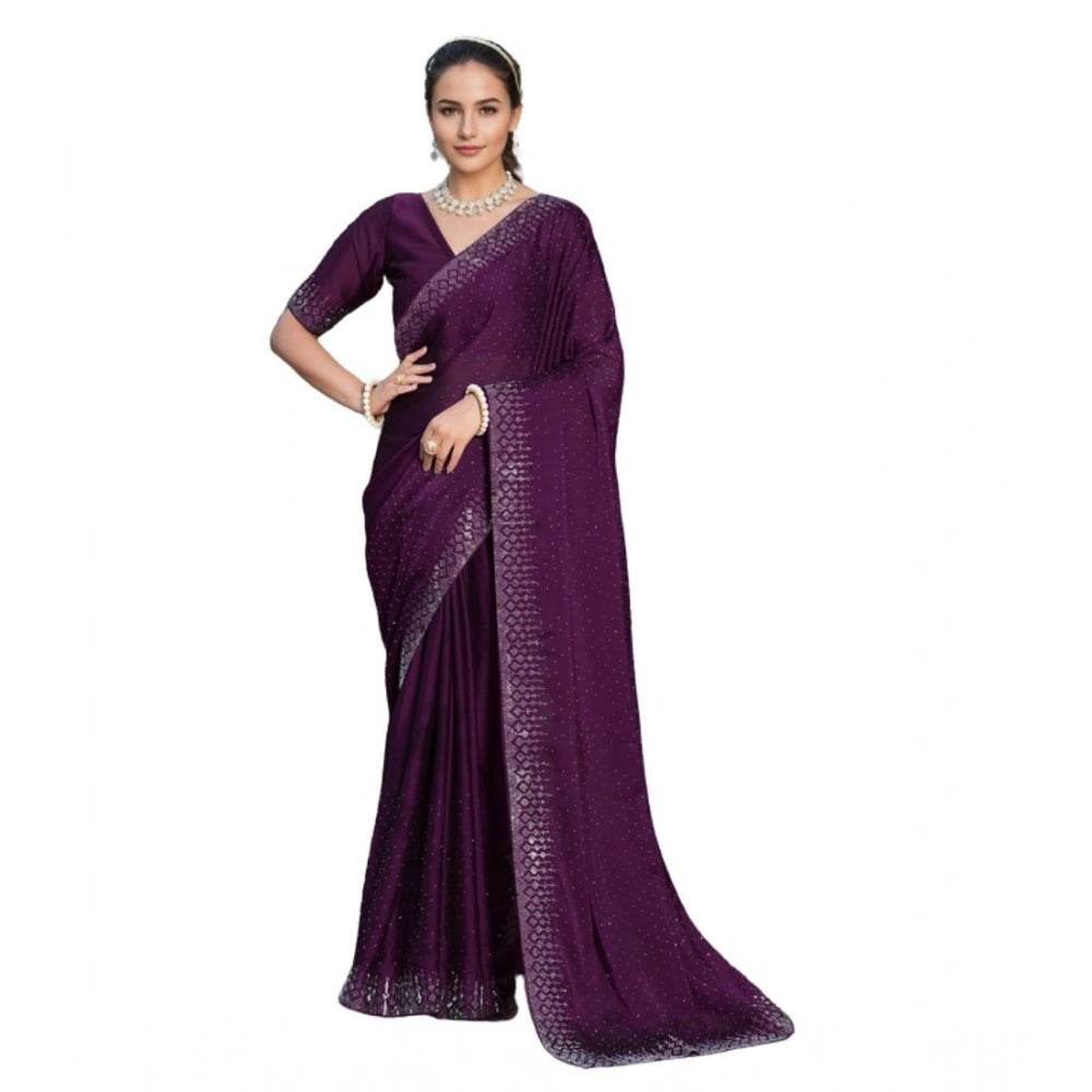 Generic Women's Rangoli Diamond Weaving - Stone Work Saree With Unstitched Blouse 5.5Mtr (Purple) - MYLUXURY LANE ENTERPRISE