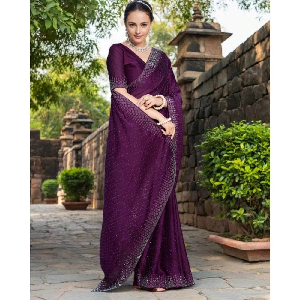 Generic Women's Rangoli Diamond Weaving - Stone Work Saree With Unstitched Blouse 5.5Mtr (Purple) - MYLUXURY LANE ENTERPRISE