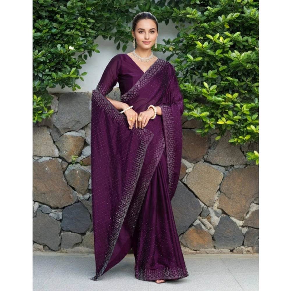 Generic Women's Rangoli Diamond Weaving - Stone Work Saree With Unstitched Blouse 5.5Mtr (Purple) - MYLUXURY LANE ENTERPRISE