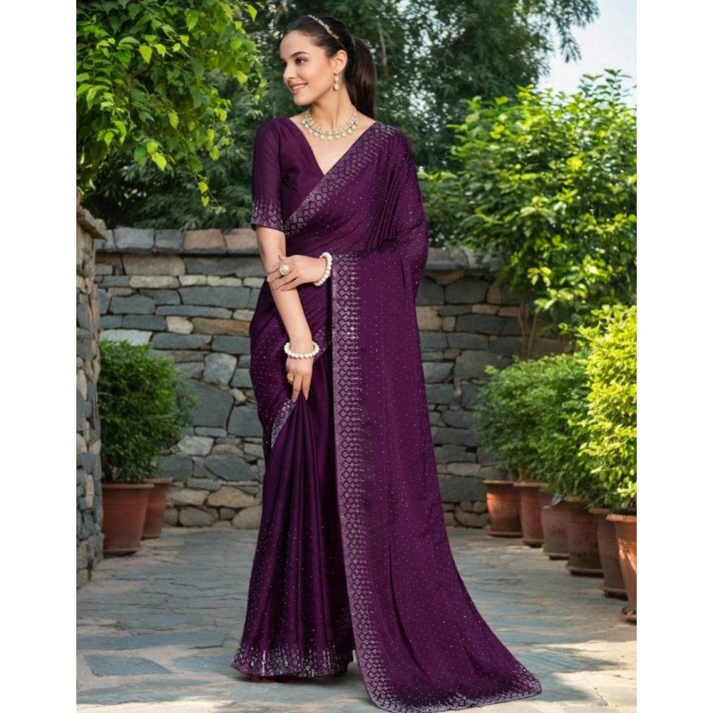 Generic Women's Rangoli Diamond Weaving - Stone Work Saree With Unstitched Blouse 5.5Mtr (Purple) - MYLUXURY LANE ENTERPRISE