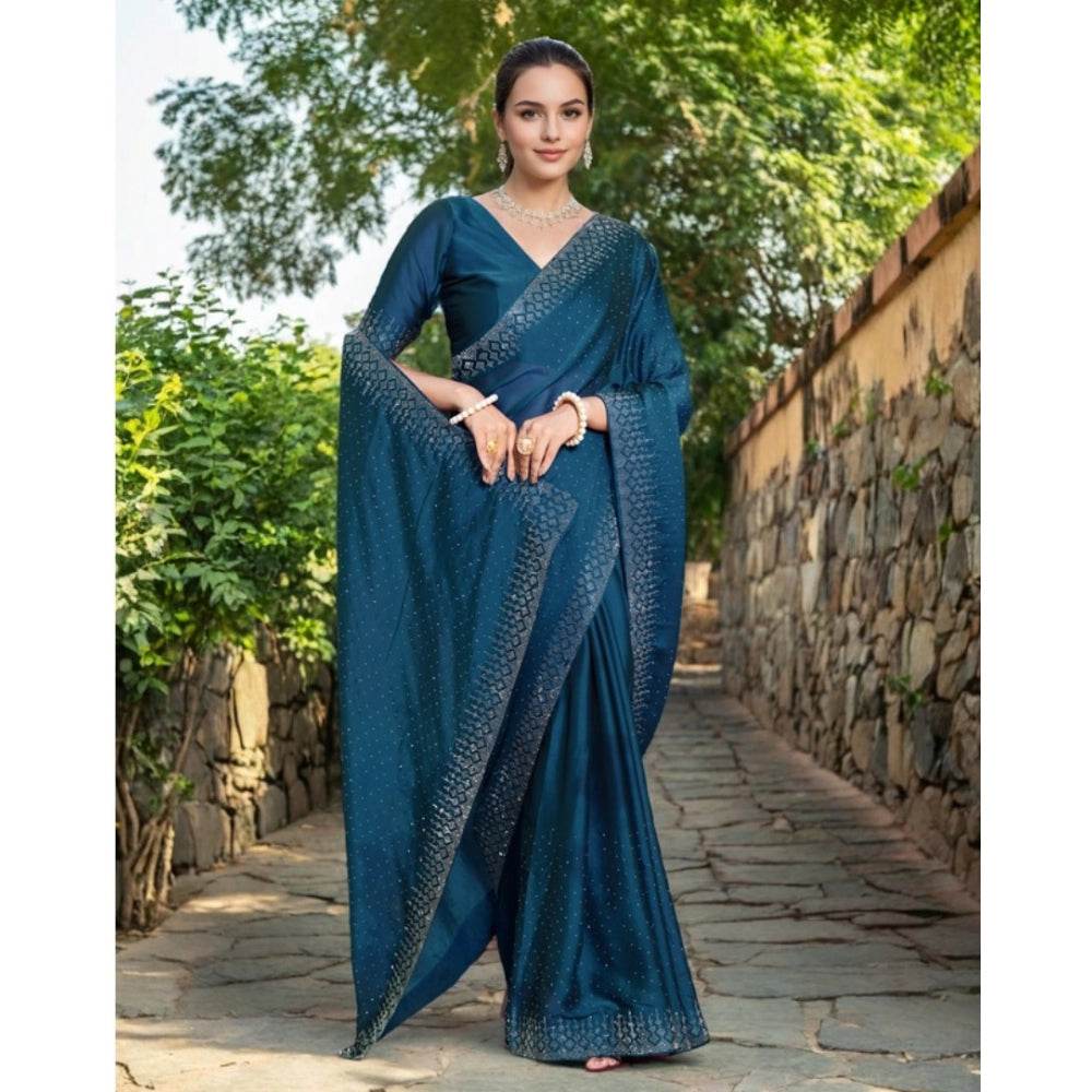 Generic Women's Rangoli Diamond Weaving - Stone Work Saree With Unstitched Blouse 5.5Mtr (Teal) - MYLUXURY LANE ENTERPRISE