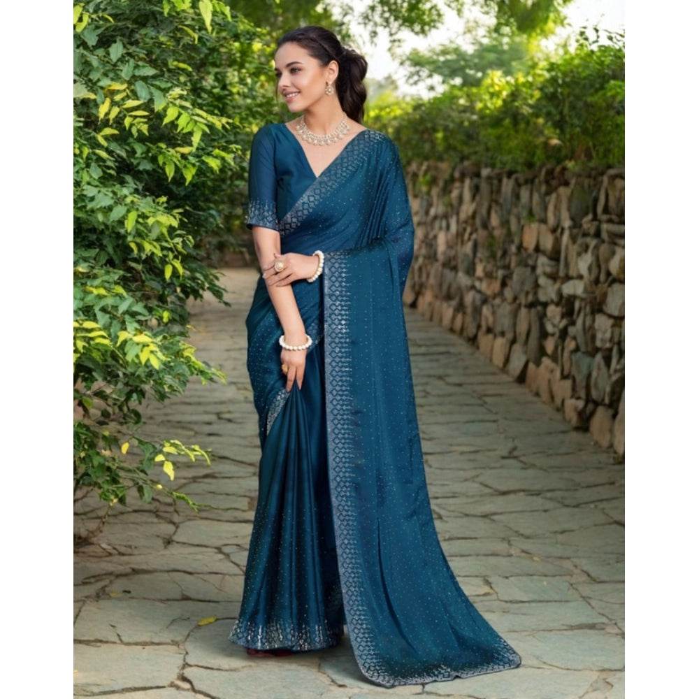 Generic Women's Rangoli Diamond Weaving - Stone Work Saree With Unstitched Blouse 5.5Mtr (Teal) - MYLUXURY LANE ENTERPRISE