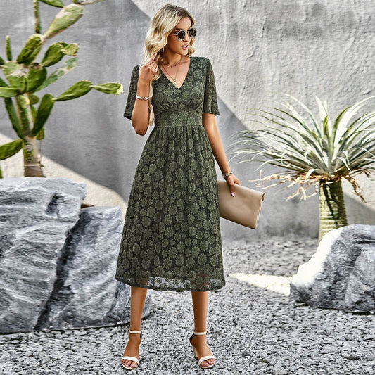 Fashion V-neck Lace Dress Summer Elegant Short Sleeve Long Dresses For Women - MYLUXURY LANE ENTERPRISE