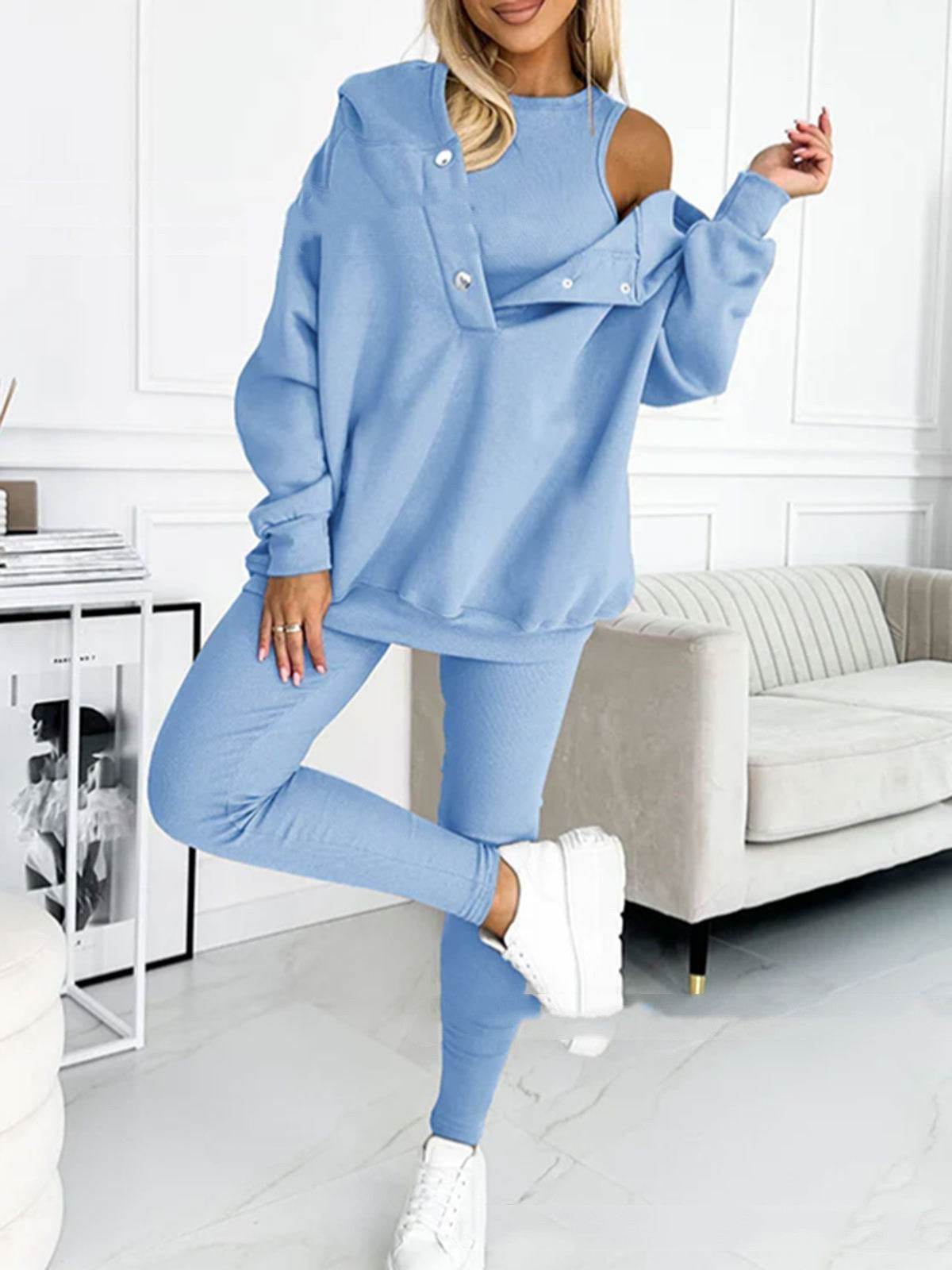 3pcs Women's Sports Suit Loose Hooded Pockets Sweatshirt And Vest And Slim Trousers - MYLUXURY LANE ENTERPRISE