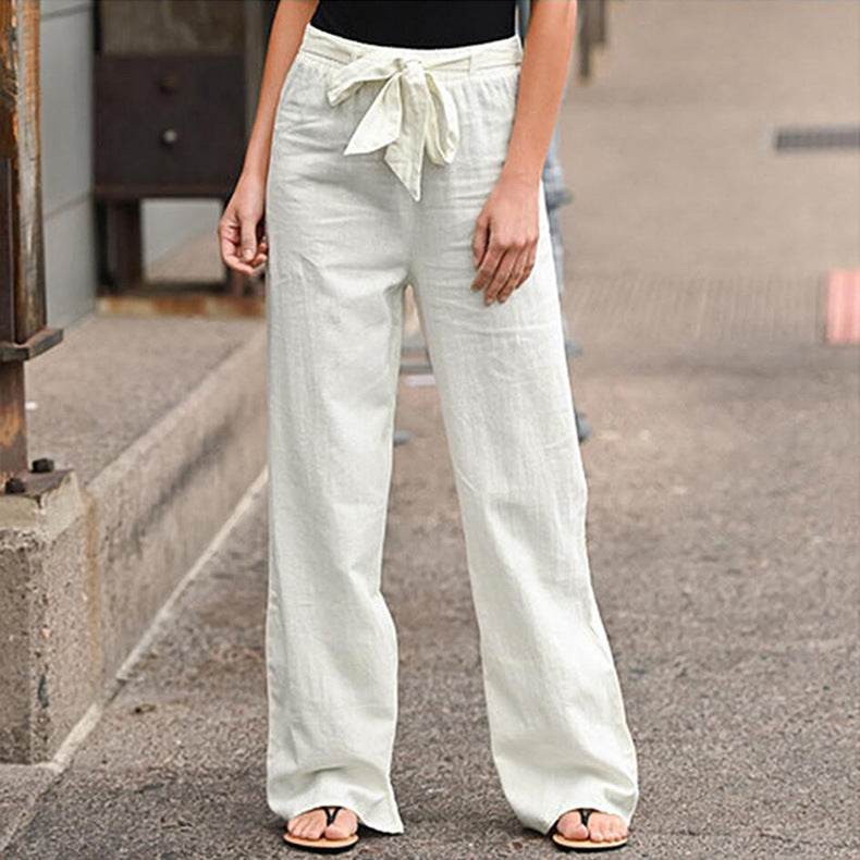 European And American Cotton And Linen Casual Wide-leg Pure Color Elastic Waist Lace-up Loose Women's Trousers - MYLUXURY LANE ENTERPRISE