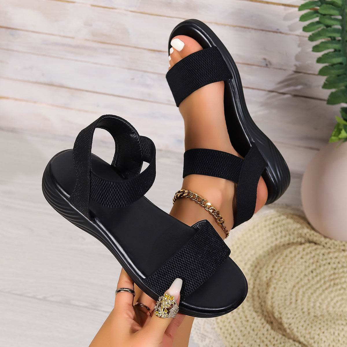 Fashion Color-block Elastic Sandals Summer Fashion Fish Mouth Flat Shoes For Women - MYLUXURY LANE ENTERPRISE
