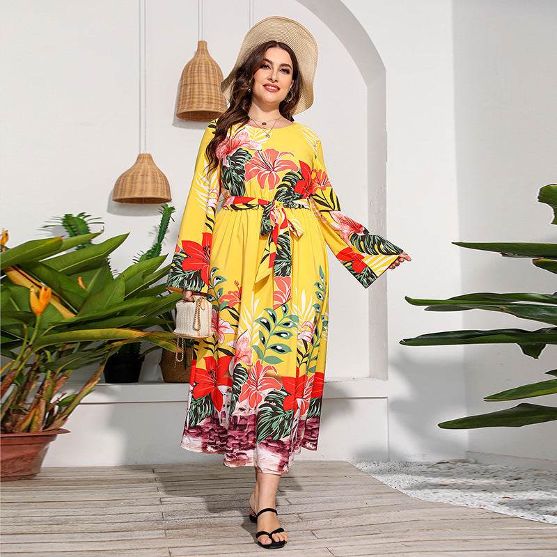 Long Sleeve Flower Wide Hem Printed Dress - MYLUXURY LANE ENTERPRISE