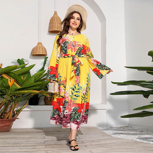 Long Sleeve Flower Wide Hem Printed Dress - MYLUXURY LANE ENTERPRISE