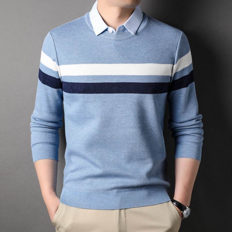 Men's False Two Pieces Shirt Collar Striped Sweater - MYLUXURY LANE ENTERPRISE
