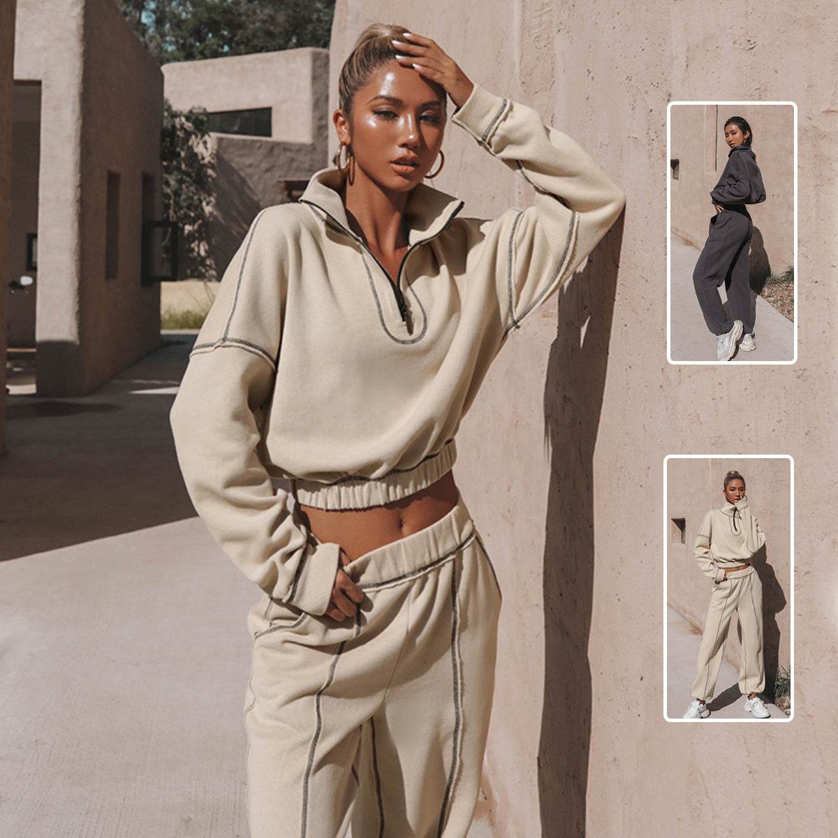 Long Sleeve Turtleneck Sweatshirt Stand Up Zipper Short Top With Loose Straight Leg Pants Women's Clothing - MYLUXURY LANE ENTERPRISE