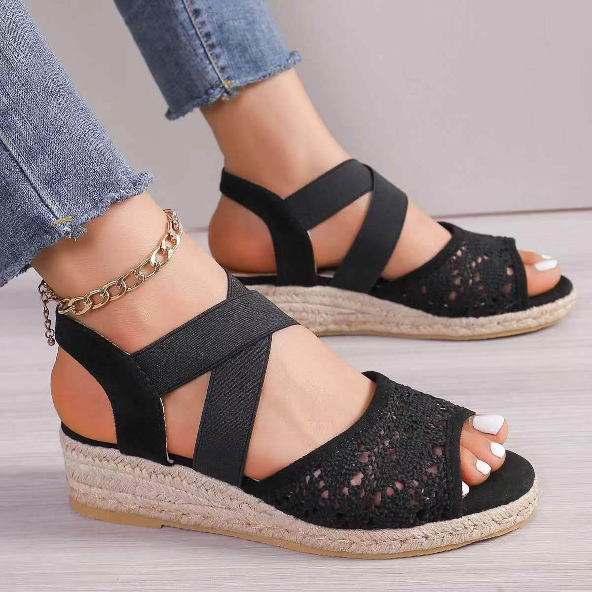 Lace Hollow Sandals Summer Fashion Hemp Wedges Shoes Women - MYLUXURY LANE ENTERPRISE