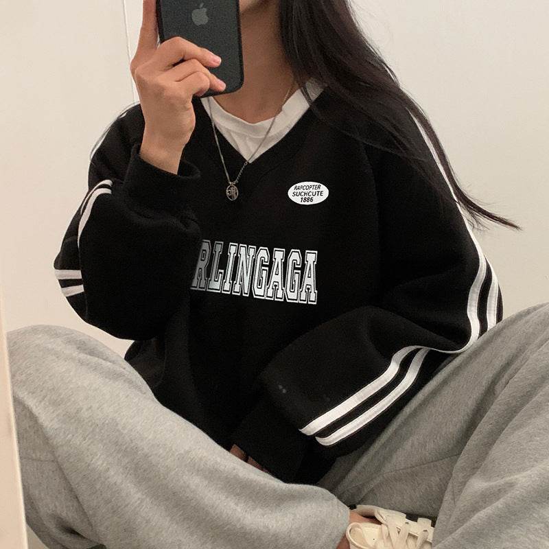Women's Loose Casual Letter Printed Parallel Bars Contrast Color Coat - MYLUXURY LANE ENTERPRISE