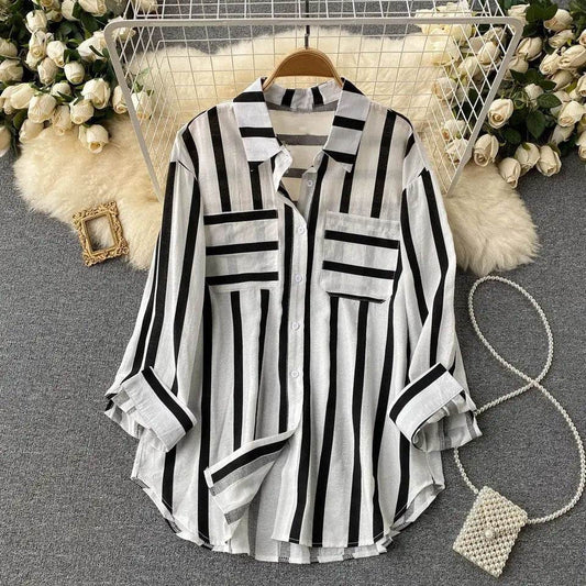 Mid-length Vertical Stripes Multi-color Shirt Coat Casual Loose Top - MYLUXURY LANE ENTERPRISE