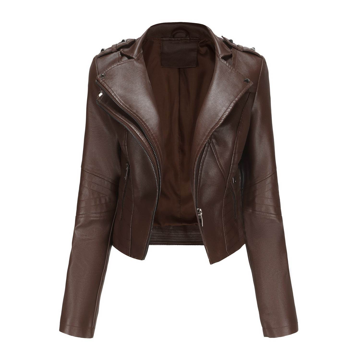Women's Fashionable Fitted Long Sleeve Leather Coat - MYLUXURY LANE ENTERPRISE