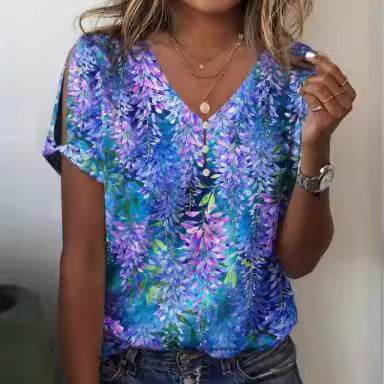 Flower Series 3D Printed V-neck Button T-shirt Top - MYLUXURY LANE ENTERPRISE