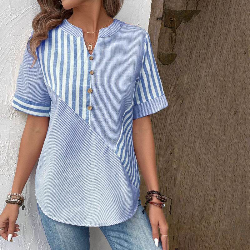 Summer V-neck Short-sleeved Shirt Blouse Fashion V-neck Asymmetric Stripes Patchwork Design Top Womens Clothing - MYLUXURY LANE ENTERPRISE