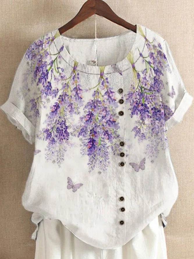 Retro Cotton And Linen Printed Loose Casual Shirt Short-sleeved T-shirt For Women - MYLUXURY LANE ENTERPRISE