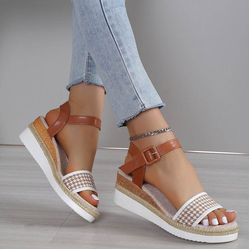 Houndstooth Print Sandals Women Summer Buckle Dress Shoes - MYLUXURY LANE ENTERPRISE