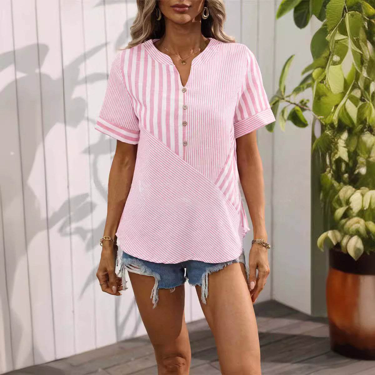 Summer V-neck Short-sleeved Shirt Blouse Fashion V-neck Asymmetric Stripes Patchwork Design Top Womens Clothing - MYLUXURY LANE ENTERPRISE