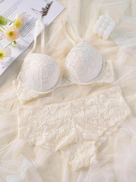 French Casual Steel Ring Lace Bra Panties Set Casual Push Up Fixed Cup Without Deformation - MYLUXURY LANE ENTERPRISE