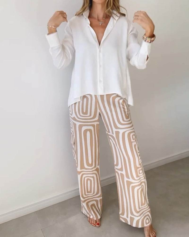 Women's Casual Long-sleeved Lapel Shirt Printed Wide-leg Pants Suit - MYLUXURY LANE ENTERPRISE