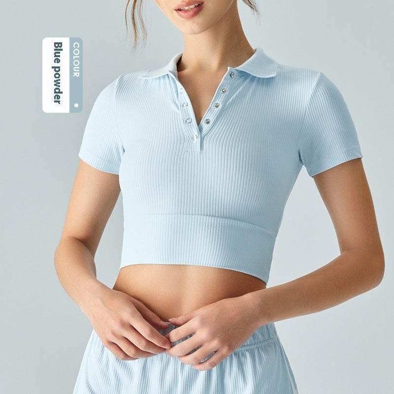 Shoulder Polo Collar Yoga Short-sleeved T-shirt - MYLUXURY LANE ENTERPRISE