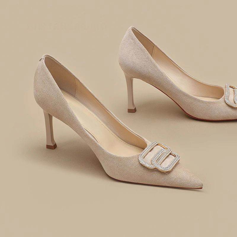 Soft Leather High Heels Female Career Stilettos Sense Rhinestone Shoes - MYLUXURY LANE ENTERPRISE