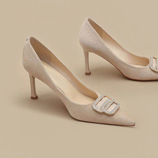 Soft Leather High Heels Female Career Stilettos Sense Rhinestone Shoes - MYLUXURY LANE ENTERPRISE