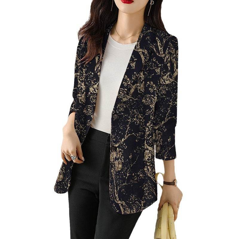 Women's Button Printed Long-sleeved Pocket Vintage Cotton And Linen Blazer - MYLUXURY LANE ENTERPRISE