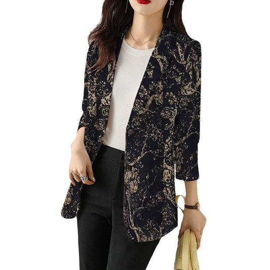 Women's Button Printed Long-sleeved Pocket Vintage Cotton And Linen Blazer - MYLUXURY LANE ENTERPRISE