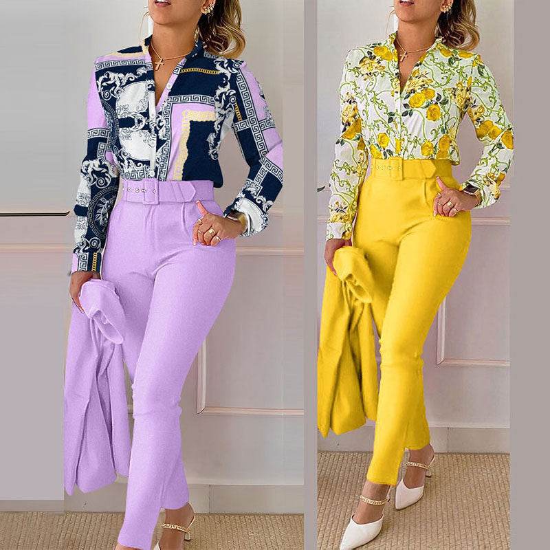 Women's Fashionable Printed Long-sleeved Shirt And Trousers Suit - MYLUXURY LANE ENTERPRISE