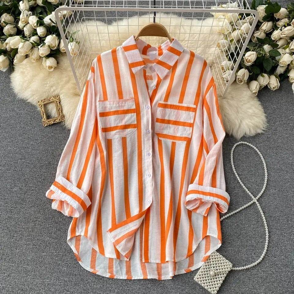 Mid-length Vertical Stripes Multi-color Shirt Coat Casual Loose Top - MYLUXURY LANE ENTERPRISE