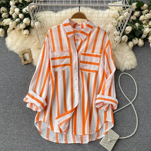 Mid-length Vertical Stripes Multi-color Shirt Coat Casual Loose Top - MYLUXURY LANE ENTERPRISE