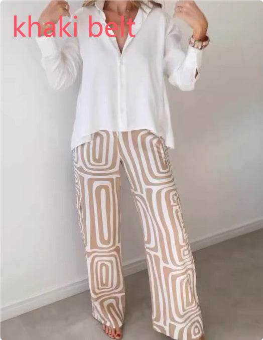 Women's Casual Long-sleeved Lapel Shirt Printed Wide-leg Pants Suit - MYLUXURY LANE ENTERPRISE