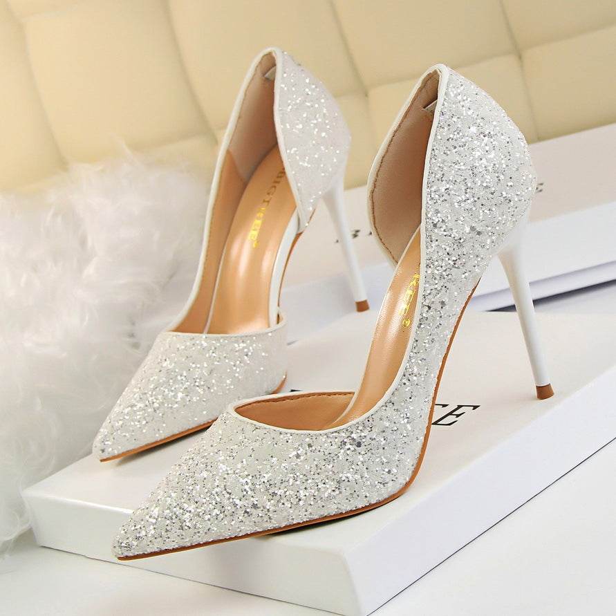 Skinny Women's Shoes Stiletto Heel Shallow Mouth Pointed Side Hollow-out Sequin - MYLUXURY LANE ENTERPRISE