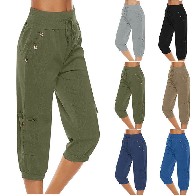 Women's Cropped Pants Cotton Linen Cargo Pocket Casual Pants - MYLUXURY LANE ENTERPRISE