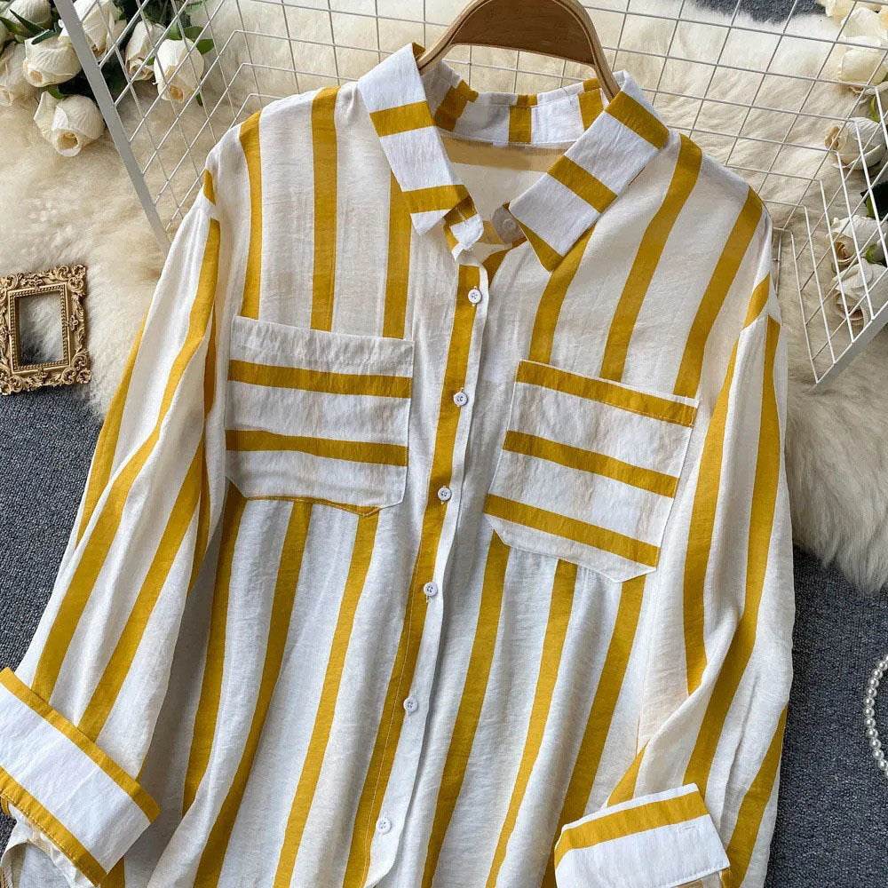 Mid-length Vertical Stripes Multi-color Shirt Coat Casual Loose Top - MYLUXURY LANE ENTERPRISE