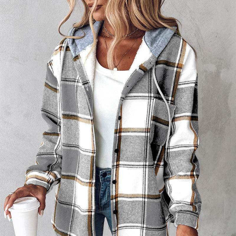 European And American Fashion Women's Wear Solid Color Plaid Hooded Jacket - MYLUXURY LANE ENTERPRISE
