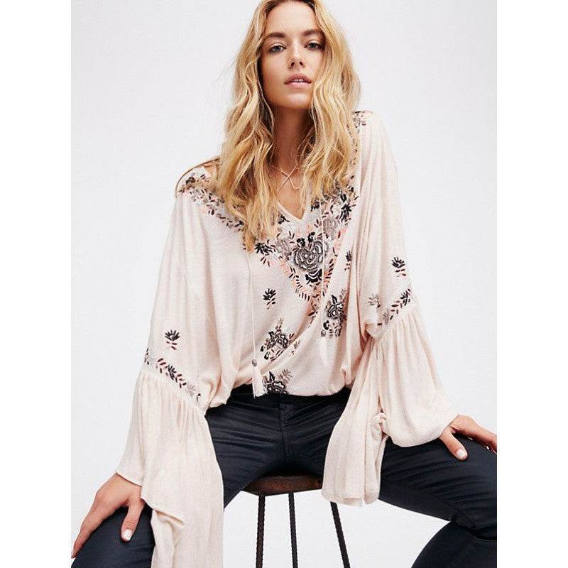 Women's Bohemian V-neck Lace-up Embroidered Top - MYLUXURY LANE ENTERPRISE